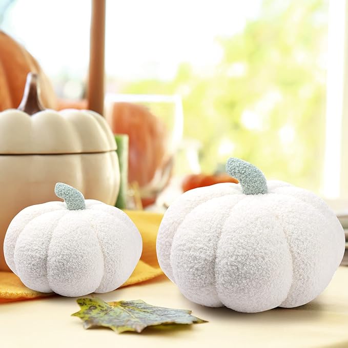Kajaia 4 Pcs Fall Decor Pumpkin Throw Pillow Fall Pillow 11 Inches 7 Inches 3D Cushion Thanksgiving Sherpa Plush Fluffy Stuffed for Autumn Halloween Christmas Home Sofa(White)