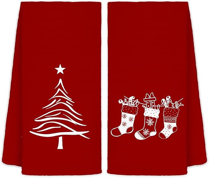 Red Christmas Kitchen Towels Set of 2, Stocking Tree Decorative Hand Towels for Bathroom, Christmas Dish Towels for Kitchen, Christmas Kitchen Bathroom Decor, 16x24 Inches