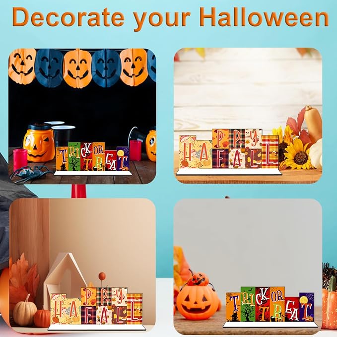Fall Halloween Office Decor Wooden Table Desk Sign Decorations Reversible Double Side Halloween and Autumn Tabletop Sign Fall Thanksgiving Centerpiece Farmhouse Decor for Home Office Party Desk