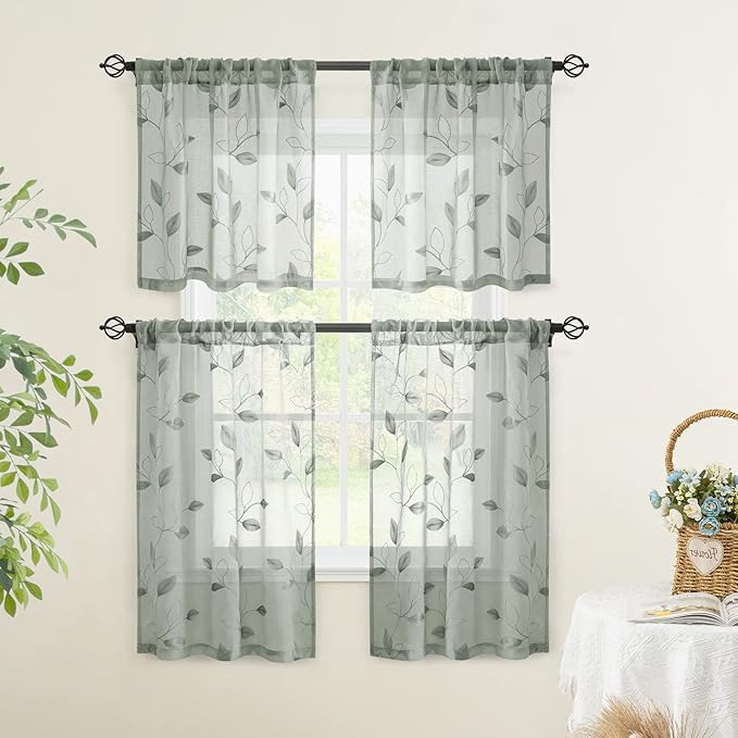 HOMEIDEAS Sage Green Sheer Kitchen Curtains 30 X 24 Inch Length 2 Panels Embroidered Leaf Pattern Short Curtains for Small Window Valance Tiers