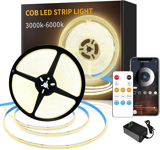 COB LED Strip Lights 3000K 65.6ft DC 24V Dimmable White Flexible LED Tape Light for Bedroom, with Remote and app Control LED Tape Lights CRI90+,forLiving Room, Shelf, Cabinet Home Decoration