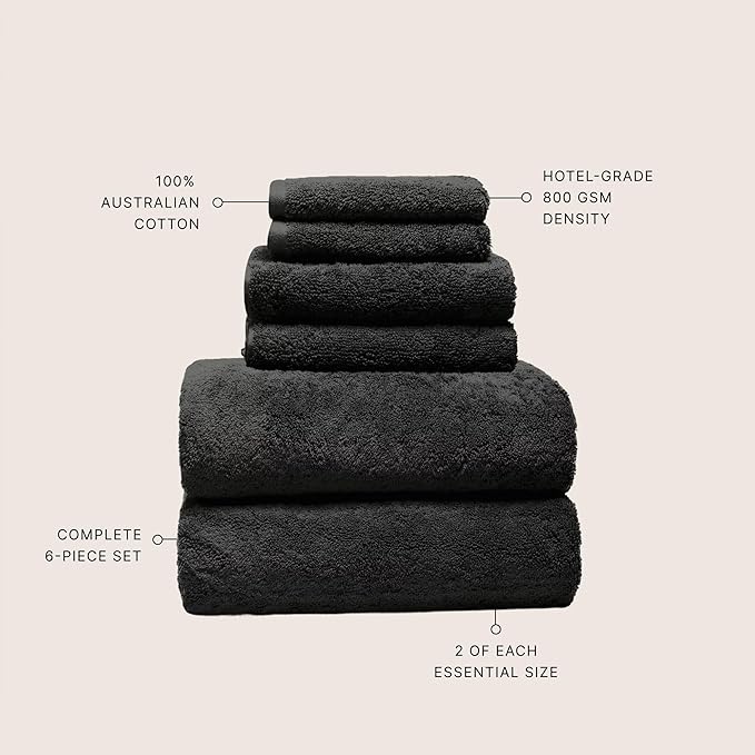 Italic Ultraplush 100% Australian Cotton Towels Standard 6 Piece Set, 2 Bath, 2 Hand, 2 Washcloths, 800GSM Lightweight, Highly Absorbent Quick Dry Soft Resort Grade Towels (Black)