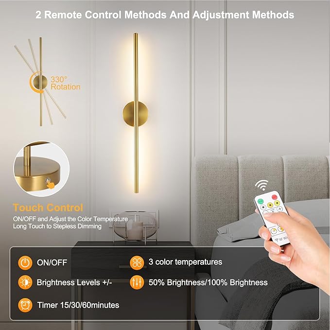 Wireless Battery Operated Wall Sconces with Remote, Gold Rechargeable Led Wall Lights Set of Two, Cordless Dimmable Battery Powered Wall Lamp Decor for Bedroom Living Room, 3 Color, 32 Inch