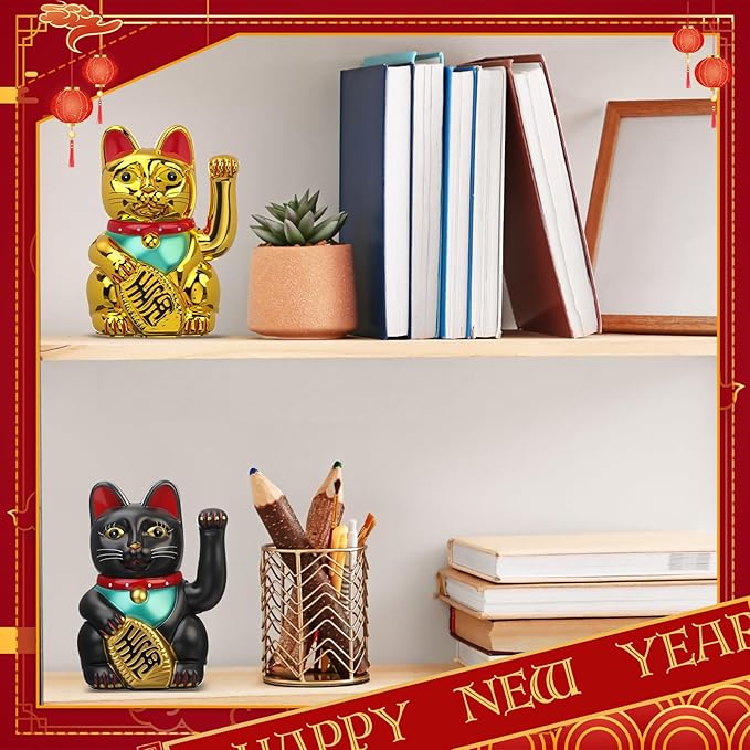 2 Pcs 5 Inch Lucky Cat Waving Arm Maneki Neko Lucky Fortune Cat Chinese Fengshui Welcoming Decoration for Home Office Restaurant Shop Gifts Decor Battery Operated (Battery Not Included)