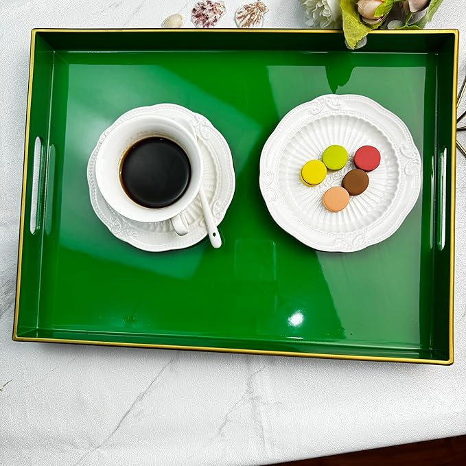 Large Decorative Tray, Emerald Green Serving Tray with Handles, Plastic Coffee Table Tray for Ottoman, Living Room, Bathroom, Decor. 15.7” x 11.8” x1.6”
