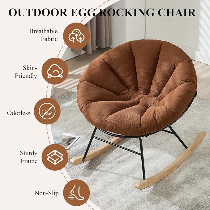 NIOIIKIT Nursery Saucer Rocking Chair, Corduroy Upholstered Round Glider Chair, Nursing Chair with Comfy Cushion, Tufted Papasan Chair, Cozy Reading Chair for Living Room, Bedroom (Brown)