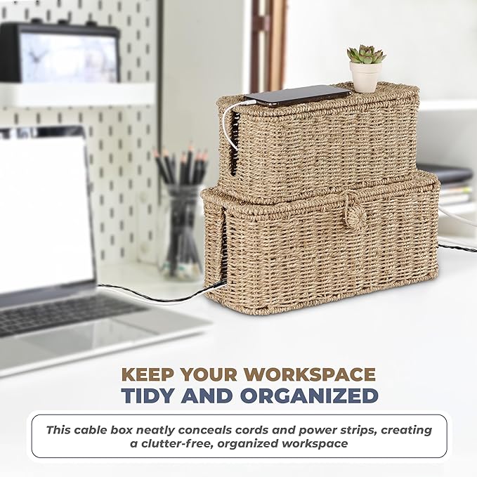 2-Pack Large Cable Management Box, Natural Rattan Cable Cord Organizer Boxes for Power Strip β 2 Open Slots Cords Hider Box for TV Wires, Computer, Router, USB Hub and Under Desk Power Strip