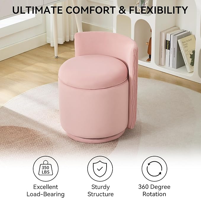 Velvet Vanity Chair with Storage, 360° Swivel Makeup Chair with Wave Back, No Assembly Small Accent Stool for Bedroom, Dressing, Living Room, Pink
