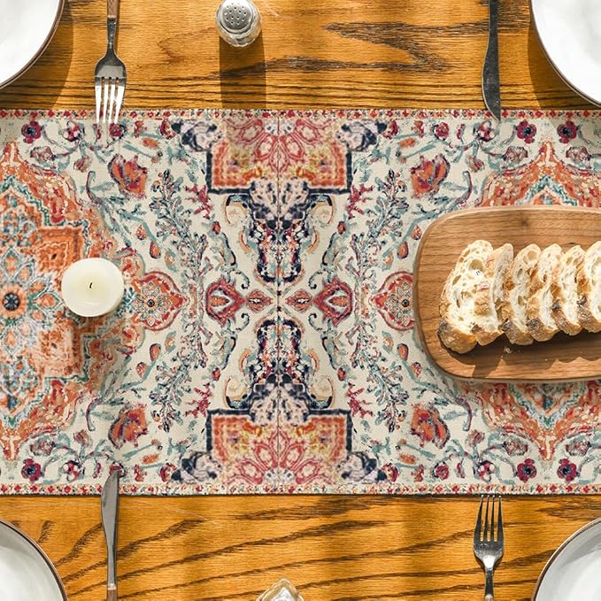 Artoid Mode Boho Bohemia Style Orange Table Runner, Country Rustic Farmhouse Magical Fall Kitchen Dining Table Decoration for Home Party Decor 13x72 Inch