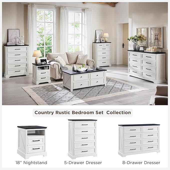 18" Farmhouse Nightstand with Charging Station,End Table with 2 Drawers Storage,Side Table,Bedside Cabinet for Bedroom,Living Room,White