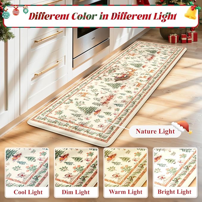Collive Christmas Snowman Kitchen Floor Mats, Winter Xmas Tree Cushioned Anti Fatigue Kitchen Rugs 2 Piece Waterproof Elk Sled Sink Mat, Non Slip Foam Comfort Standing Desk Rug for Home Decor, Beige