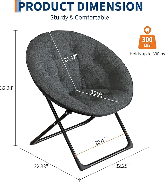 Saucer Chair, Oversized Faux Fur Lounge Chair with Gold Metal Frame for Adults, Foldable Comfy Seat for Bedroom, Dorm & Living Room, (Gray)