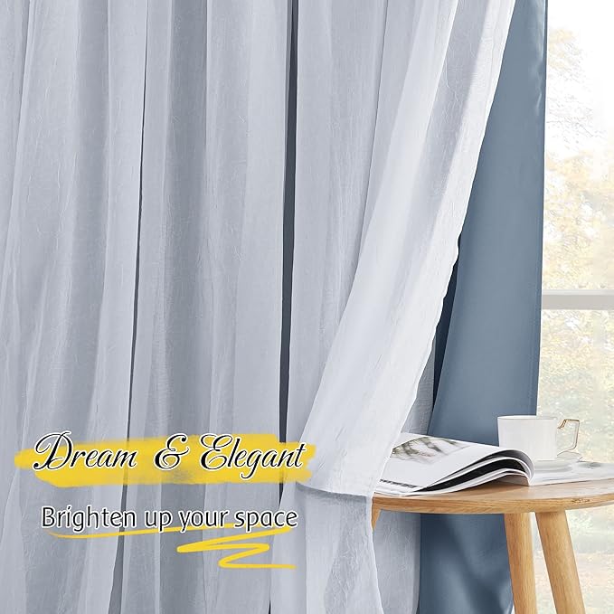 NICETOWN Bedroom Curtains for Kids, Room Darkening Thermal Insulated Sliding Glass Door Curtains for Living Room Double Layer Curtains with Crushed Sheer Overlay, 52" W x 84" L, 2 Panels, Stone Blue