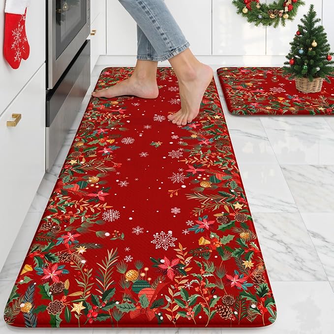 Christmas Kitchen Rugs Anti Fatigue - Christmas Kitchen Mat Sets of 2, Cushioned Non-Skid Waterproof Vintage Floral Christmas Decorations Gift for Holiday Floor Decor Home Laundry Sink(Red)