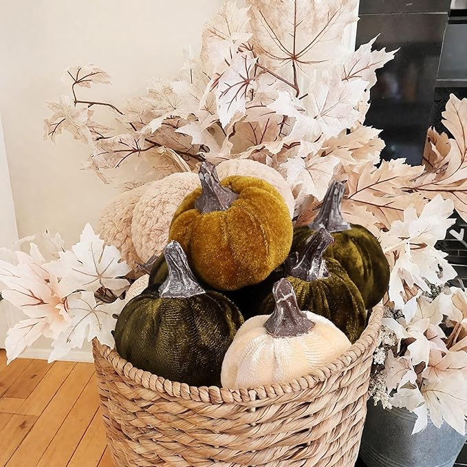 12pcs Velvet Fake Pumpkins Fall Decor Faux Small Foam Fabric Pumpkin for Autumn Table Centerpiece Party Farmhouse Harvest Thanksgiving (Cream/Lime Green/Forest Green)