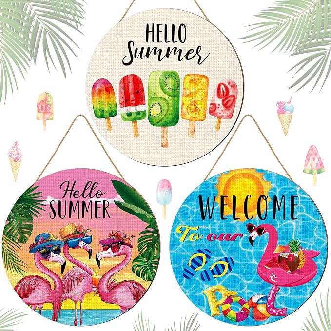 Blosssound 3 Pcs Door Decorations Front Hanging Door Sign Hanging Ornament Wooden Wall Sign Hanger for Celebrations Farmhouse Home Living Room Party Supplies(Summer)