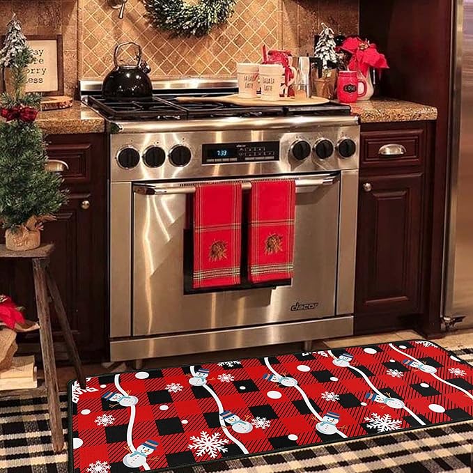 Buffalo Plaid Christmas Kitchen Rugs and Mats Set of 2, Christmas Snowman Winter New Year Holiday Party Low-Profile Floor Mat Merry Christmas Decorations for Kitchen Home- 17"x47"+17"x30"
