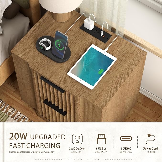Yechen Fluted Nightstand with 20W Fast Charging Station - Modern Farmhouse Wood Night Stand with 2 Storage Drawers, Large Wide Bedside End Table for Bedroom with Curved Profile Base, Natural Oak