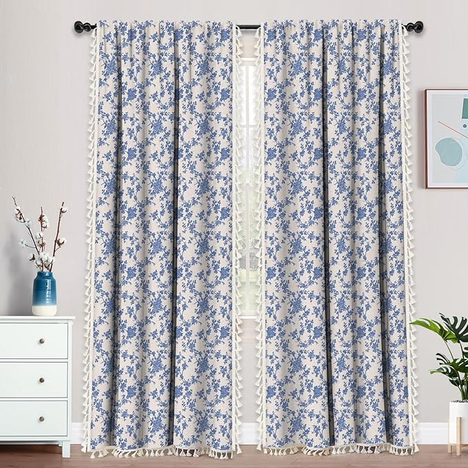 Vintage Blue Floral Curtains for Living Room 63 Inch Length Linen Blue Toile Curtain Rod Pocket French Country Drapes with Tassel Bedroom Window Curtain Set 2 Panels