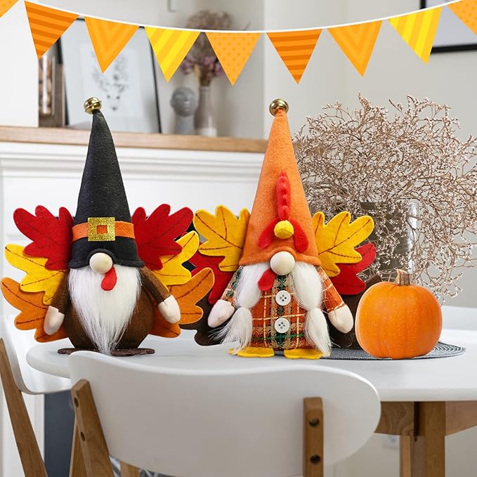 CRCZK Turkey Fall Gnome, Thanksgiving Gnome Decorations, 2Pack Handmade Swedish Tomte Gnomes with Maple Leaves Wings Harvest Gnome Plush Scandinavian Figurine Nordic Gnomes Holiday Decor Gifts