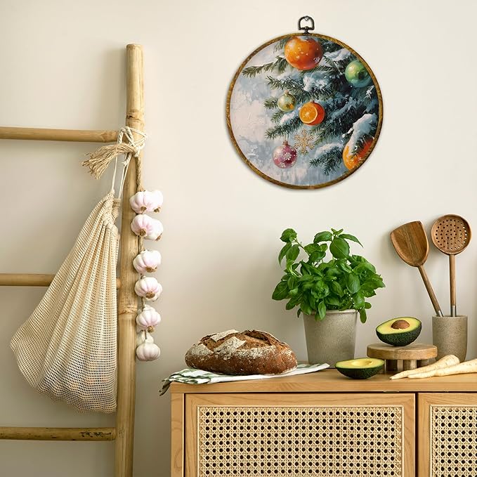 QZQE Christmas Orange Ornaments Bauble Ball Round Wall Art Decor Framed, Christmas Circle Canvas Prints, Rustic Snowy Xmas Tree Circular Wall Hanging Decor for Home Bedroom Living Room, 10x10 Inch