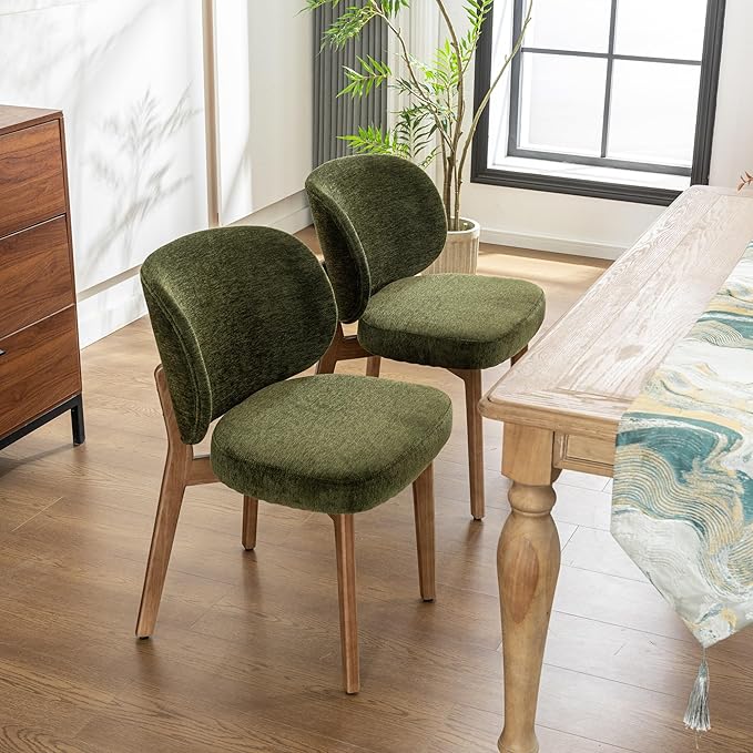 YOUNIKE Dining Chair with High Back Single Mid Century Modern Kitchen Chair Boucle Fabric Upholstered Armless Accent Chair 20" Wide Padded Seat with Wooden Legs for Living Room Bedroom Green