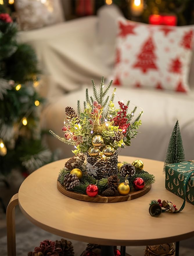BLOSMON Christmas Centerpieces for Tables with Lights: Lighted Small Christmas Tree Fireplace Tabletop Decorations - Mini Xmas Tree for Indoor Home Office Dining Room