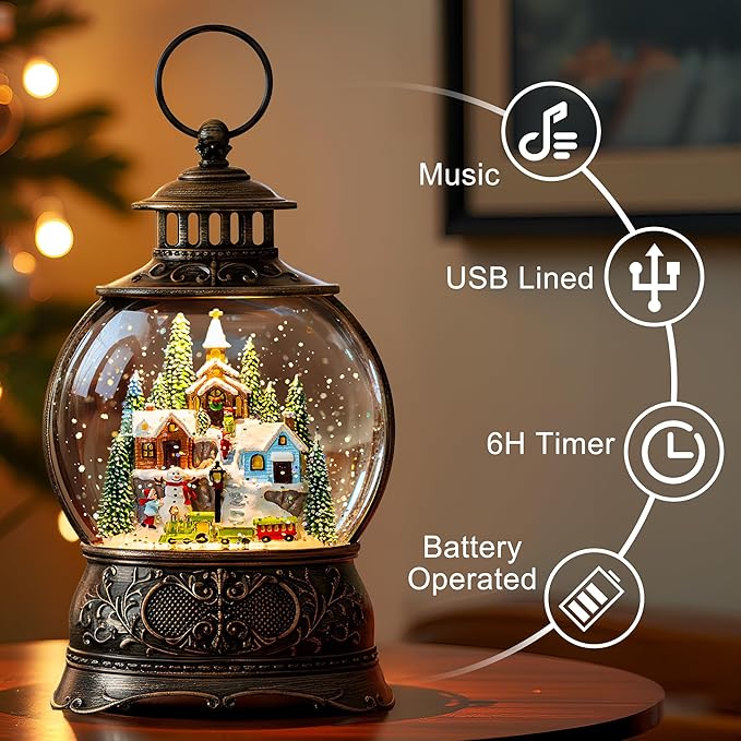 9.8" Christmas Snow Globe Water Lantern with Mountain Village and Train Scene Battery Operated or USB Powered Musical Lighted Holiday Decoration for Tabletop Display for Family and Friend