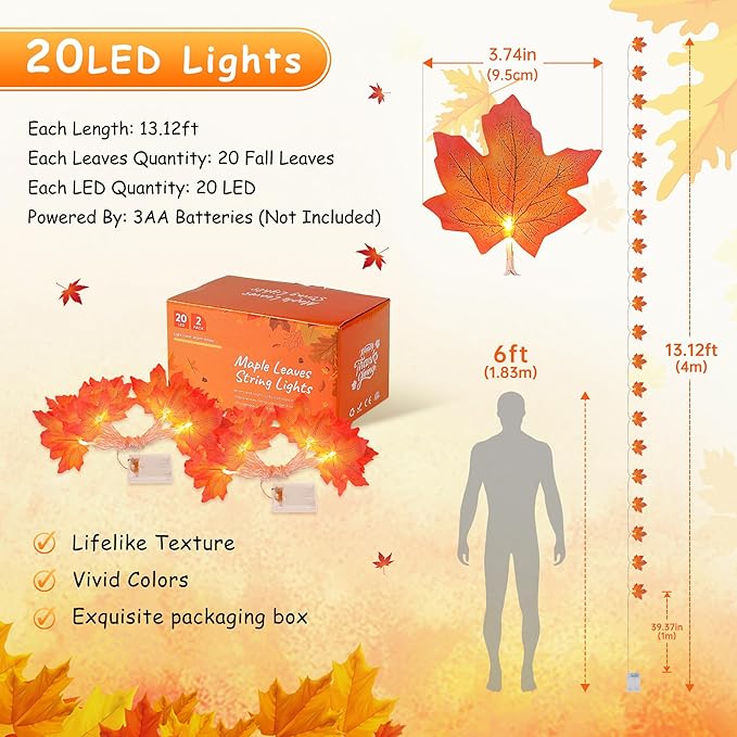 2 Pack Fall Decorations for Home,Fall Lights Battery Operated,Total 20FT 40 Led Maple Leaf Garland with Lights String for Halloween Thanksgiving Autumn Harvest Friendsgiving Indoor Outdoor