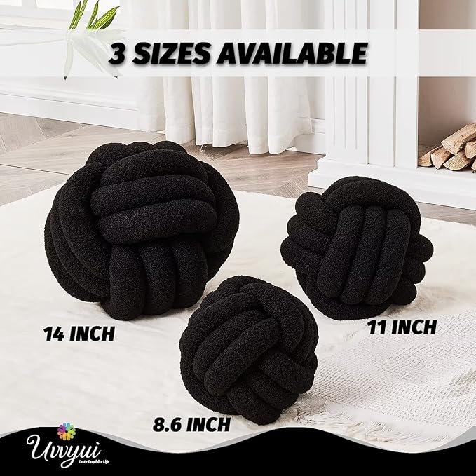 Uvvyui Knot Pillow Ball, Soft Home Decorative Pillows, Round Throw Pillow, Handmade Knotted Plush Pillow, Round Boucle Pillow Cushion (14 Inches Black)
