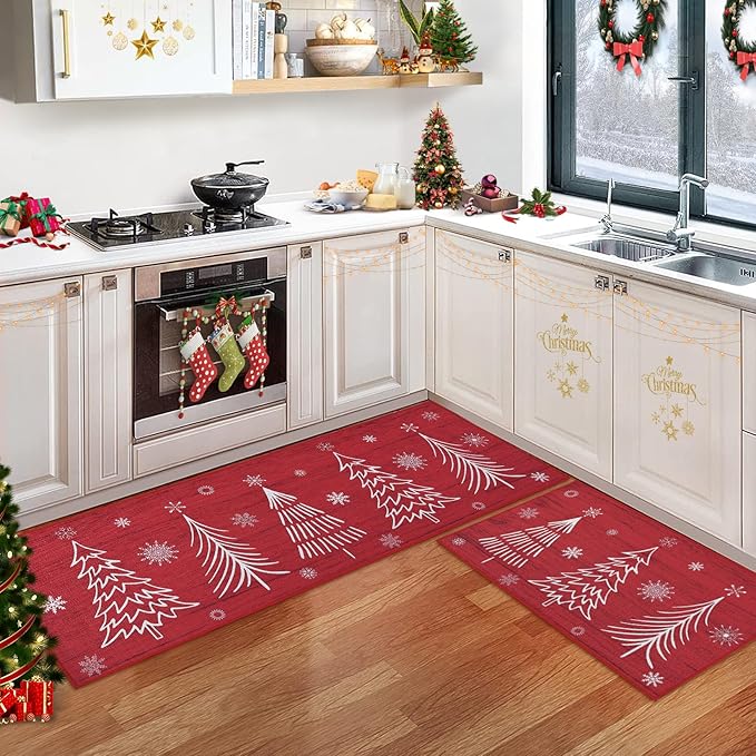 CAROMIO Christmas Kitchen Mat Washable Runner Rug Non Skid Kitchen Rugs and Mats Xmas Decorative Runner Mats Non-Slip Kitchen Floor Mat for Laundry Sink, 17"x29"+17"x47"