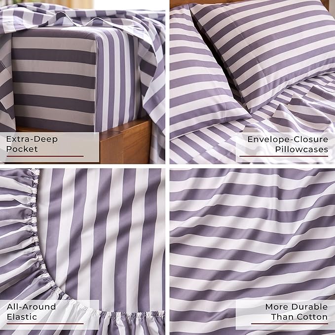 Mellanni Split King Sheets Set - 5 PC Iconic Collection Bedding - Hotel Luxury, Soft, Cooling Bed Sheets - Wrinkle, Fade, Stain Resistant (Split King, Oxford Stripe Hazy Lilac)