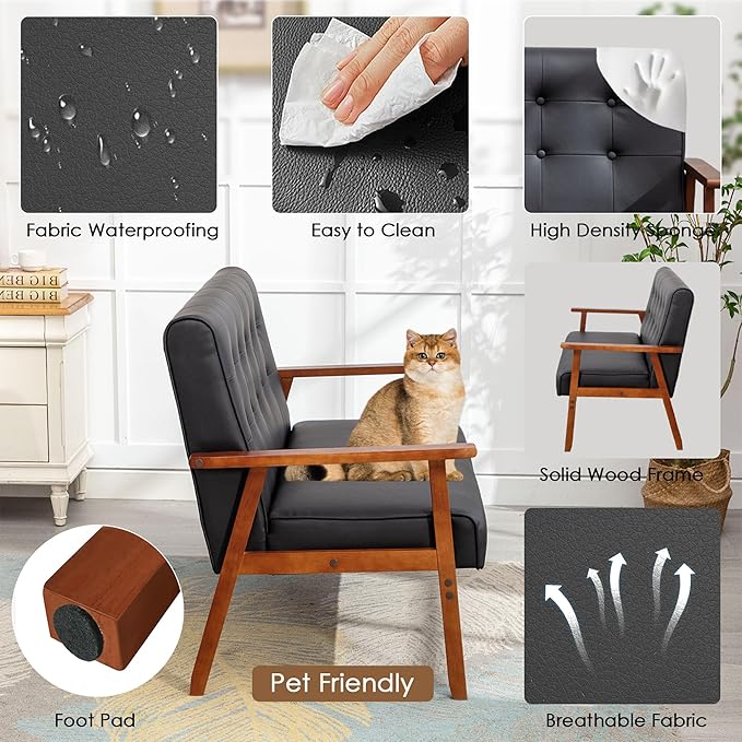 STHOUYN Black Small Leather Couch for Office, Booth Seating 2 Person Waiting Room Bench Couch, Mid Century Modern Loveseat Wood Sofa (Black)