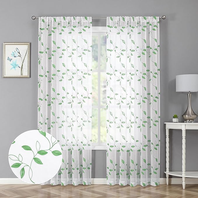 Tollpiz Green Leaf Sheer Curtain Leaves Embroidered Bedroom Curtains Rod Pocket Voile Window Treatment for Living Room, 54 x 95 inches Long, Set of 2 Panels
