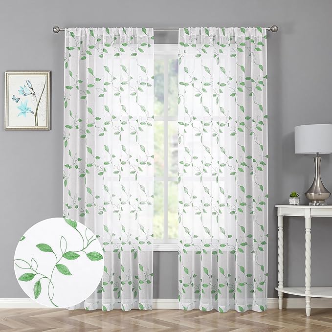 Tollpiz Green Leaf Sheer Curtains Leaves Embroidered Bedroom Curtain Rod Pocket Voile Window Treatment for Living Room, 54 x 84 inches Long, Set of 2 Panels