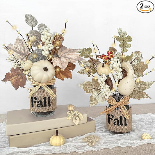 2 Pack 13.5 Inch Fall Decorations for Home Fall Table Centerpieces with 20 LED Lights Timer, Mason Jar with Maple Leafed Pumpkins Berried Thanksgiving Fall Home Decor for Table Coffee Table Bathroom