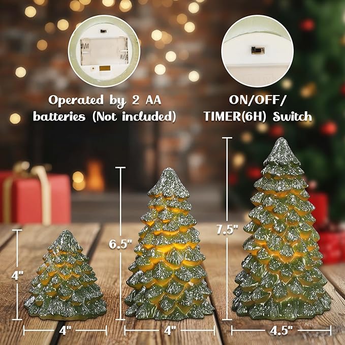 Green Christmas Tree Figurines Hand-Painted Tabletop Tree Flameless Candles Real Wax Flickering LED Battery Operated with Remote Lighted Christmas Tree Decoration for Shelf Fireplace Mantel Holiday