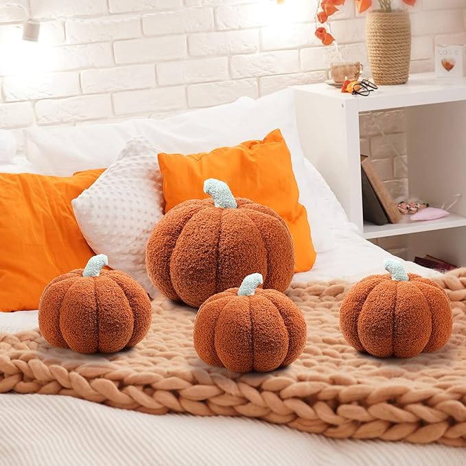Kajaia 4 Pcs Fall Decor Pumpkin Throw Pillow Fall Pillow 11 Inches 7 Inches 3D Cushion Thanksgiving Sherpa Plush Fluffy Stuffed for Autumn Halloween Christmas Home Sofa(Brown)