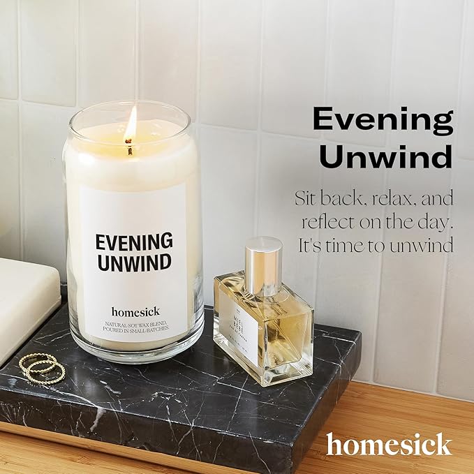 Homesick Scented Candles for Home (Evening Unwind) - 13.75 oz Long-Lasting Natural Soy Wax Blend Jar Candle Gifts for Women & Men, 60-80 Hours Burn Time - Notes of Valencia Orange, Melon & Moss