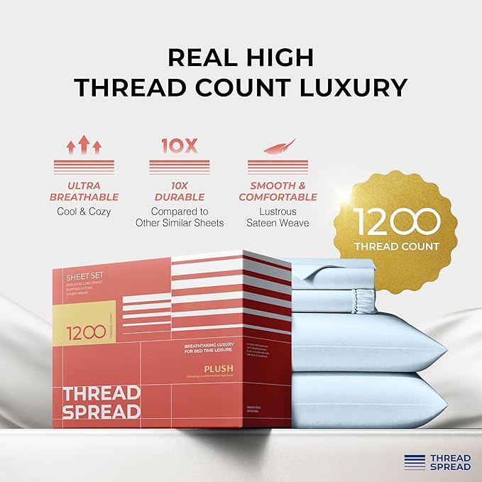 THREAD SPREAD 100% Egyptian Cotton Sheets California King Size - 1200 Thread Count 4 PC Cal King Sheets Egyptian Cotton, Cooling Sateen Sheets, High Thread Count Sheets California King - Light Blue