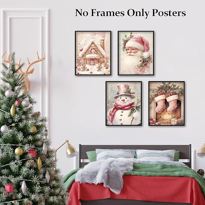 TFKFJLF Pink Vintage Christmas Santa Claus Wall Art Poster Decor, Retro Christmas Snowman Decor Wall Art, Vacation Decorations for Bedroom Bathroom Living Room Office, Unframed 8x10in Set of 4
