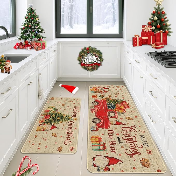 Christmas Trucks Gingerbread Gnome Kitchen Rugs and Mats Non Skid Washable Set of 2, Xmas Kitchen Mats for Floor Decor