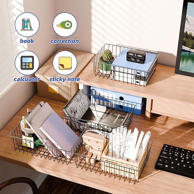 Simple Trending 8 Pack Large Wire Baskets for Organization, Metal Pantry Storage Baskets for Cabinet, Kitchen, Garage, Bathroom, Black