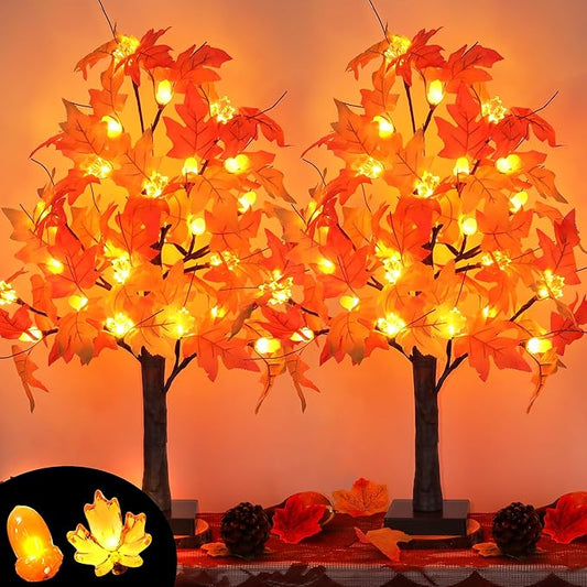2 Pack 24 Inch Artificial Lighted Maple Tree with 48 LEDs Timer Fall Thanksgiving Decorations Battery Operated Prelit Maple Tree Table Lights for Thanksgiving Decor Home Indoor Autumn Harvest