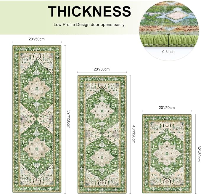Yamaziot Boho Washable Kitchen Rugs Sets of 3, Non Slip Kitchen Mats for Floor with Rubber Backing, Waterproof & Stain Resistant Thick Carpet Runner Throw Rug for Kitchen, Laundry Room, Hallway, Green