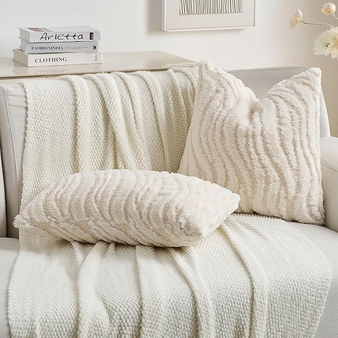 FUTEI Cream Decorative Throw Pillow Covers 26x26 Inch Set of 2,Soft Faux Fur Geometric Shapes Texture Euro Pillow Shams,Boho Home Decor for Couch Bed Living Room