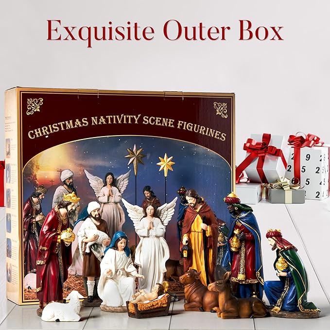 Nativity Sets for Christmas Indoor Set of 13 Pieces 11.8 Inches Resin Figurines Holiday Decorations Nativity Scene Tabletop Decor Religious Collection Gifts