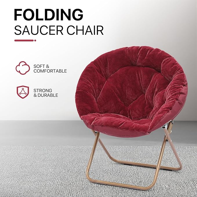 Athena Collection Comfy Saucer Chair Folding Cozy Chair for Bed Room Living Room Accent Chair Faux Fur Reading Chair Foldable Metal Frame Lazy Chair Moon Chair for Adult Set of 2, Red