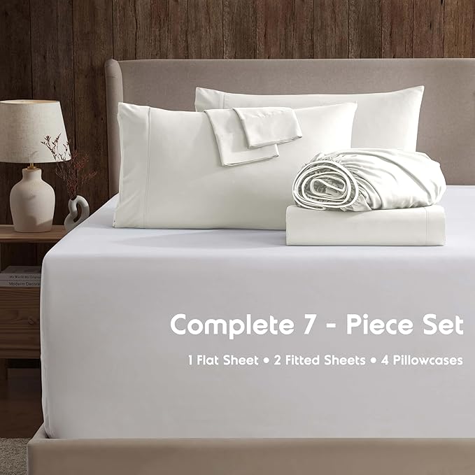 Nestl Extra Deep Split King Sheet Set - 7 Piece Breathable & Cooling Sheets - Hotel Luxury Bedding Set w/18-24 Inch Deep Pockets - Easy & Secure Fit - Super Soft, Wrinkle Free & Comfy - Off White