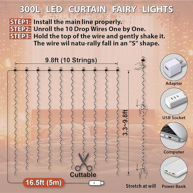 HXWEIYE 300LED Fairy Curtain Lights, 9.8x9.8Ft Orange USB Plug in 8 Modes Timer Christmas String Hanging Lights with Remote for Bedroom Backdrop Wedding Party Home Wall Garden Outdoor Indoor Decor